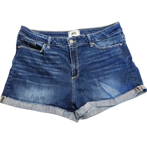 Paige Jimmy Jimmy Shorts Size 32 Medium Dark Wash Cuffed Jean Denim - Picture 1 of 9